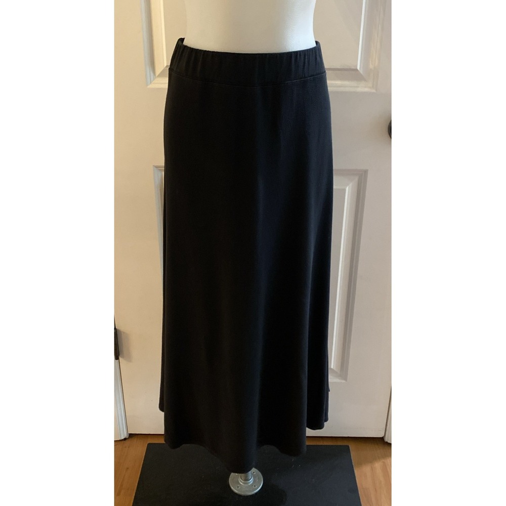 Cut Loose Midi Skirt Size L Elastic Waist Pull On Black Stretch Shark Bite Hem